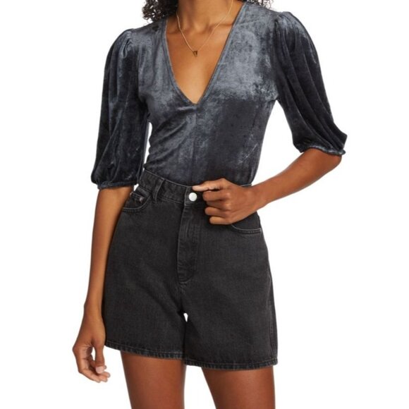 Gorgeous Free People Crushed Velvet Puff Sleeve V-Neck Bodysuit Charcoal Gray S - Picture 3 of 16